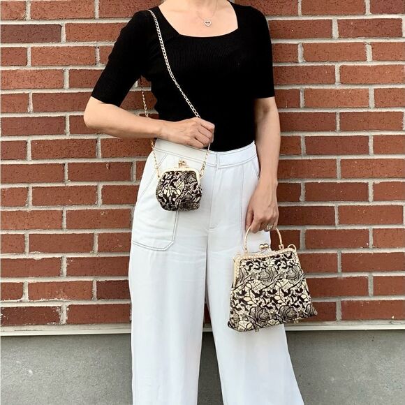 Handmade Real Hair-on-horsehide Black Lace Print Kisslock Bag & Small Purse Set - Picture 12 of 16